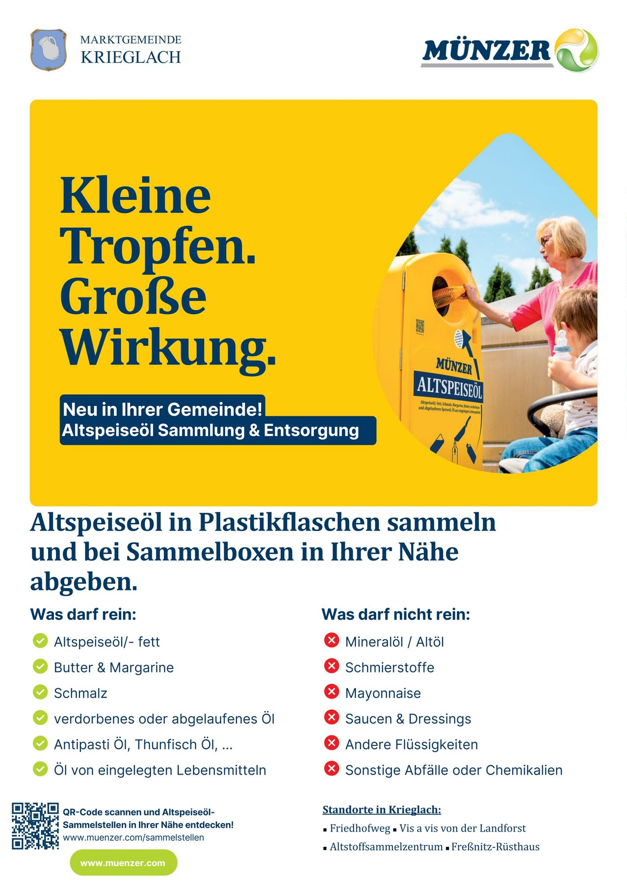Eine Werbung für die Sammlung von altem Speiseöl in Plastikflaschen. Eine Frau füllt Öl in einen gelben Behälter. Der Text lautet 'Kleine Tropfen. Große Wirkung.'