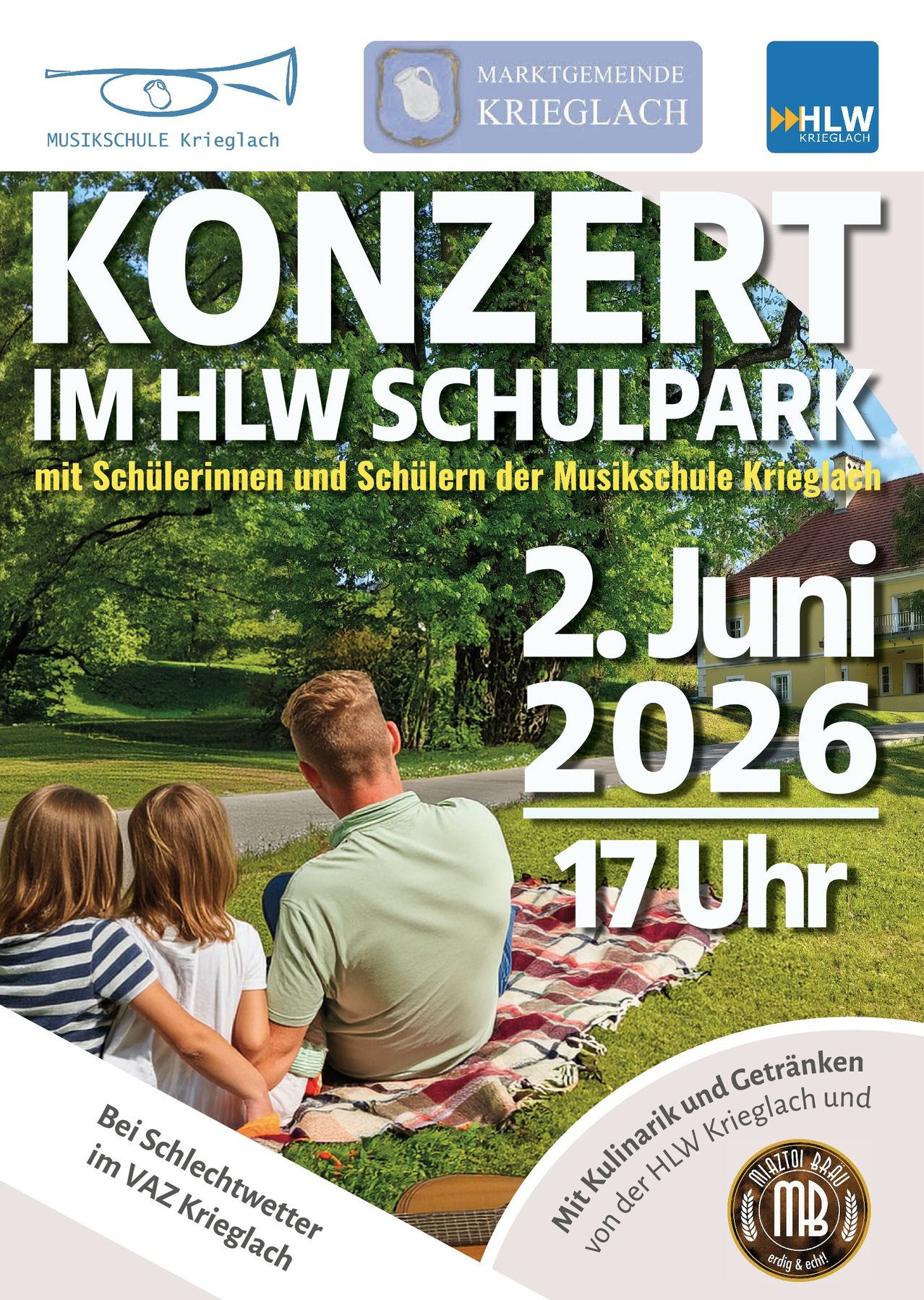Poster for a concert in HLW Schulpark on June 2, 2026 at 5 PM with students from the Krieglach music school. Features a family sitting on a blanket.