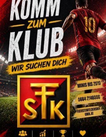 Plakat eines Fußballvereins zur Rekrutierung neuer Mitglieder. Es zeigt einen Spieler mit der Nummer 10, eine Website und Kontaktdaten.