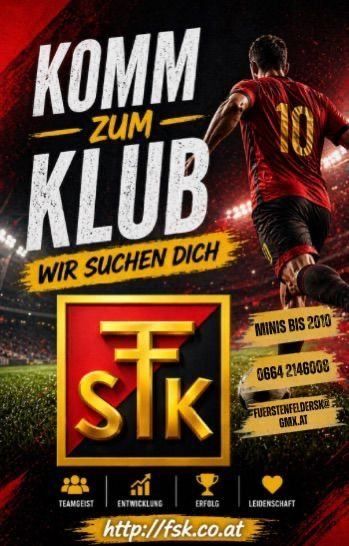 Plakat eines Fußballvereins zur Rekrutierung neuer Mitglieder. Es zeigt einen Spieler mit der Nummer 10, eine Website und Kontaktdaten.