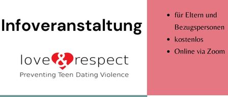 Plakat zur Prävention von jugendlicher Beziehungsgewalt. Es behandelt Themen wie Pubertät, sexuelle Entwicklung und digitale Medien. Es enthält auch Termine und Kontaktdaten für eine Online-Veranstaltung.