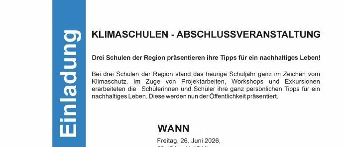 Poster für eine Veranstaltung über nachhaltiges Leben von Schulen. Mit Präsentationen, Ausstellungen und Aktivitäten. Gehältert am 26. Juni 2026.