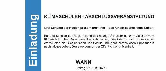 Poster für eine Veranstaltung über nachhaltiges Leben von Schulen. Mit Präsentationen, Ausstellungen und Aktivitäten. Gehältert am 26. Juni 2026.