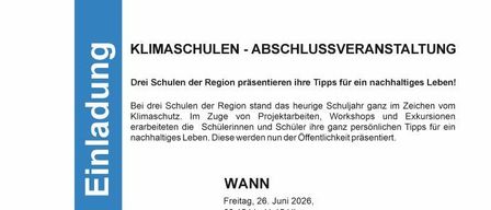 Poster für eine Veranstaltung über nachhaltiges Leben von Schulen. Mit Präsentationen, Ausstellungen und Aktivitäten. Gehältert am 26. Juni 2026.