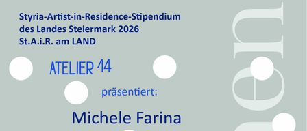 Plakat für Atelier 14 mit Michele Farina. Der Titel lautet 'Keirage', was 'Entschlüsselung der Natur' bedeutet. Das Design enthält sieben zylindrische Objekte auf blauem Hintergrund. Details zur Ausstellungseröffnung werden angegeben.