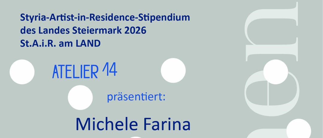 Plakat für Atelier 14 mit Michele Farina. Der Titel lautet 'Keirage', was 'Entschlüsselung der Natur' bedeutet. Das Design enthält sieben zylindrische Objekte auf blauem Hintergrund. Details zur Ausstellungseröffnung werden angegeben.