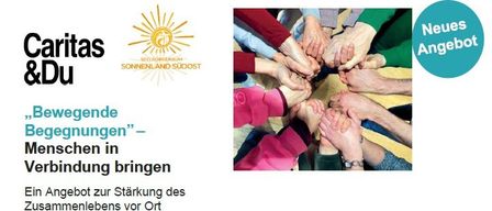 Plakat für eine Wandergruppe 'Bewegende Begegnungen' mit einem Bild von Händen, die sich halten, und Text auf Deutsch. Die Veranstaltung ist ein Trauerspaziergang, der Menschen nach verschiedenen Verlusten einen Raum bietet, um in der Natur zu sprechen. Die Veranstaltung ist für den 4. August 2026 um 18 Uhr im Plauderbankerl Deutsch Goritz geplant.