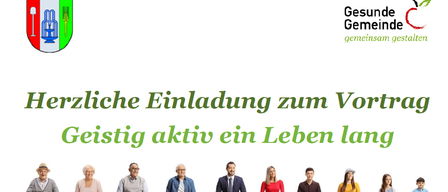 Eine Gruppe von Menschen sitzt auf einer weißen Wand und wirbt für einen gesunden und aktiven Lebensstil. Der Text lautet 'Geistig aktiv ein Leben lang'. Das Bild ist klar und gut komponiert.