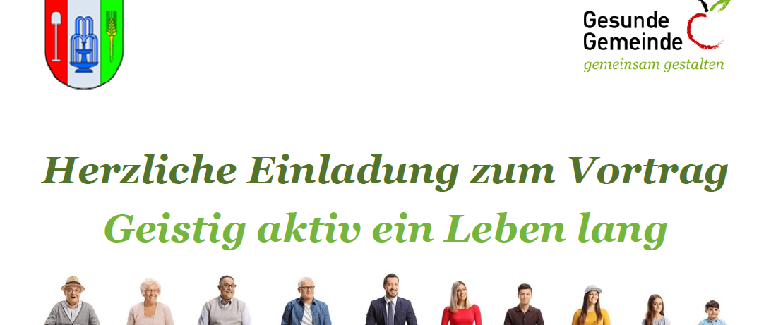 Eine Gruppe von Menschen sitzt auf einer weißen Wand und wirbt für einen gesunden und aktiven Lebensstil. Der Text lautet 'Geistig aktiv ein Leben lang'. Das Bild ist klar und gut komponiert.