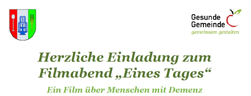 Einladung zu einem Filmabend über Menschen mit Demenz, präsentiert von Gesund Gemain. Der Text ist grün auf weißem Hintergrund.