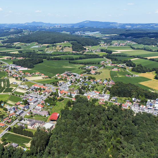 Luftaufnahme einer kleinen Stadt mit vielen Häusern, umgeben von grünen Feldern und Bäumen. Die Stadt hat eine Kirche mit einem roten Dach.