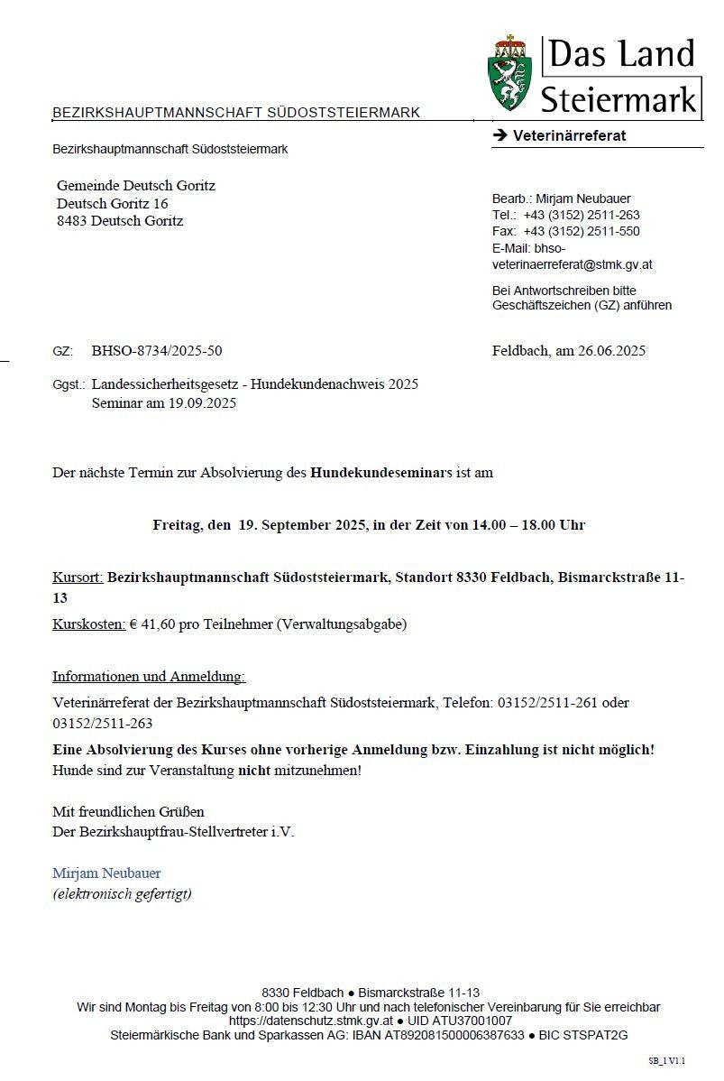 Ankündigung für das bevorstehende Hundebesitzer-Seminar. Seminardatum ist der 19. September 2025, 14-18 Uhr. Kursort ist Feldbach. Gebühr ist 41,60 Euro. Kontaktieren Sie Mirjam Neubauer für weitere Informationen.