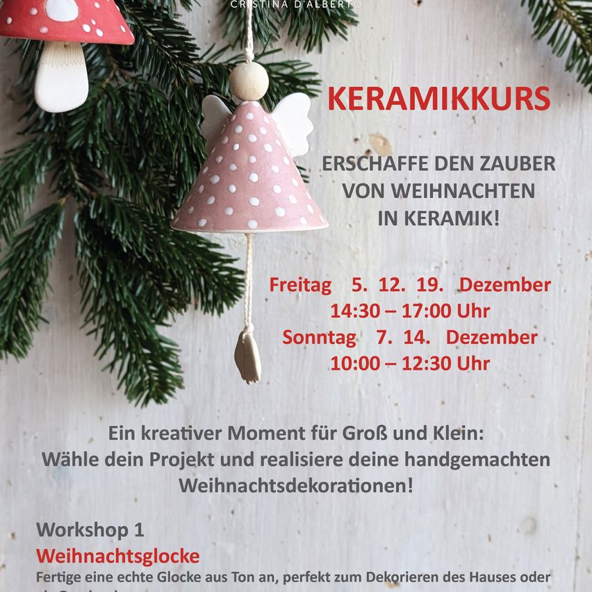Plakat für einen Keramikworkshop während Weihnachten. Es zeigt zwei hängende Keramikobjekte, eines mit einem Pilzdesign und das andere mit einem Engeldesign. Das Plakat enthält auch Termine und Uhrzeiten für den Workshop.