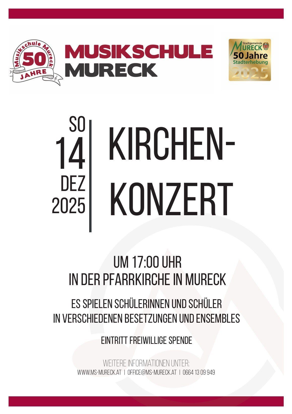 Plakat kündigt ein Kirchenkonzert am 14. Dezember 2025 in Mureck an. Zeit ist 17:00 Uhr. Schüler spielen in verschiedenen Besetzungen und Ensembles. Freiwillige Spende.