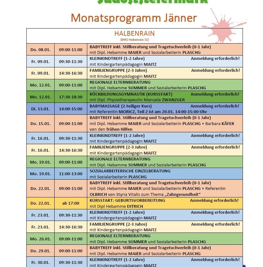 Januar-Monatsprogramm mit Daten, Zeiten und Aktivitäten, einschließlich Babytreffen, Familiengruppen und spezialisierten Sitzungen für verschiedene Altersgruppen. Für einige Veranstaltungen ist eine Anmeldung erforderlich.