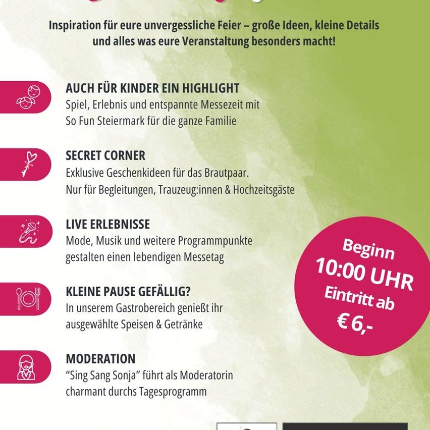 A poster offers inspiration for unforgettable celebrations with great ideas, small details, and special touches. It highlights fun for children, a secret corner with exclusive gifts for the bridal couple, live experiences, a break area with selected food and drinks, and moderation by 'Sing Sang Sonja'. The event starts at 10:00 AM with an entry fee of €6+.