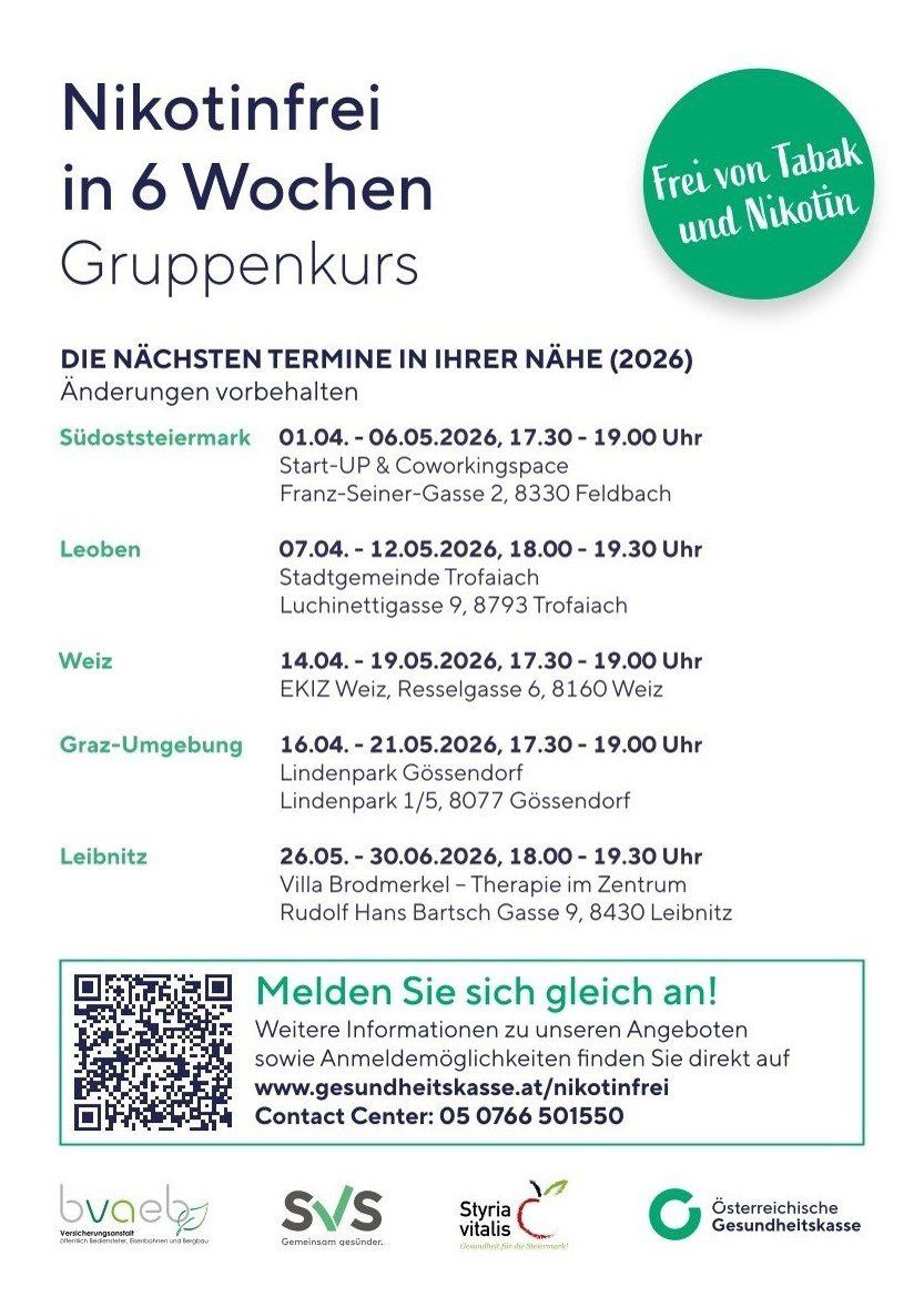 Ein Flyer zeigt bevorstehende Gruppenkurse im Jahr 2026. Standorte sind Südsteiermark, Leoben, Weiz, Graz und Leibnitz. Termine und Zeiten variieren, mit einem QR-Code für die Anmeldung. Kontaktinformationen sind angegeben.