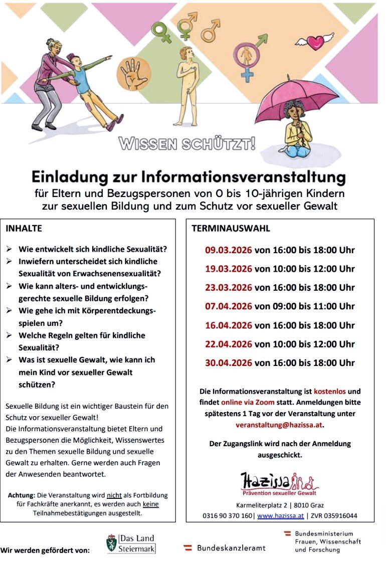 Einladung zur Informationsveranstaltung für Eltern und Bezugspersonen von 0 bis 10-jährigen Kindern zu sexueller Bildung und Schutz vor sexueller Gewalt. Es enthält Inhalte und Termine der Veranstaltung.