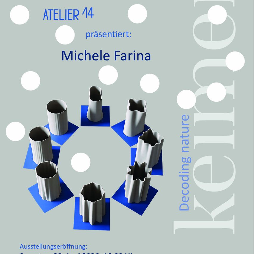 Plakat für eine Kunstausstellung im Atelier 14, präsentiert von Michele Farina. Zeigt geometrische Formen mit dem Titel 'Keinlage' und 'Decoding Nature'. Eröffnungsankündigung am unteren Rand.