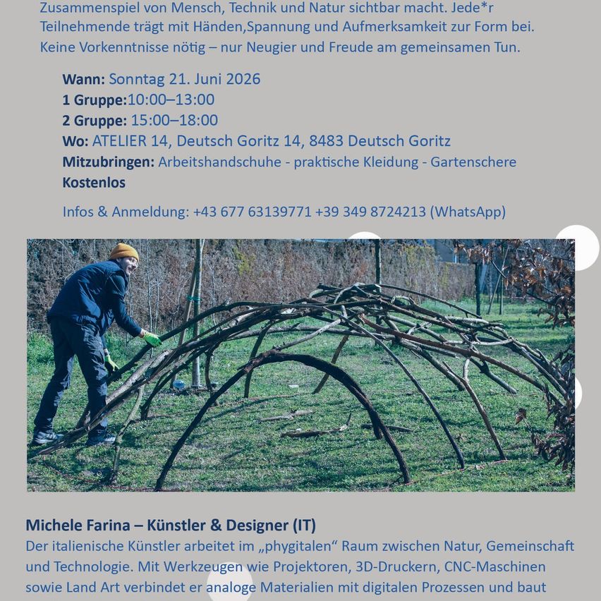 Der italienische Künstler Michele Farina arbeitet im 'physischen' Raum zwischen Natur, Gemeinschaft und Technologie. Mit Werkzeugen wie Projektoren, 3D-Druckern, CNC-Maschinen und Land Art verbindet er analoge Materialien mit digitalen Prozessen.