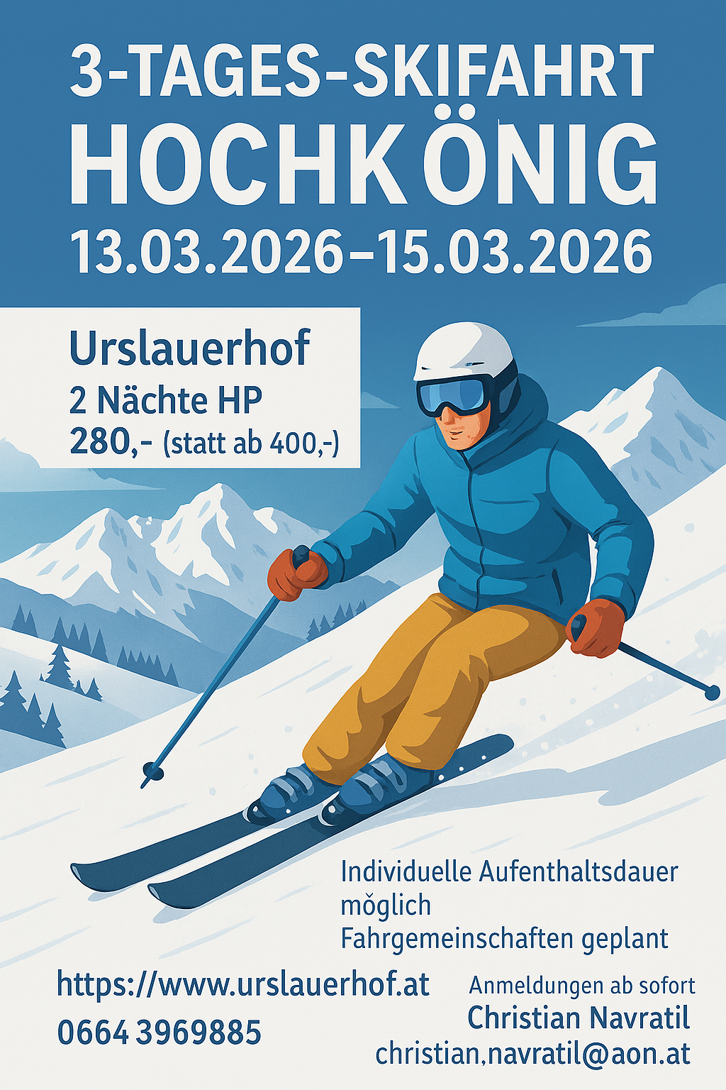 Skiing promotion at Urslauerhof. From March 13, 2026, to March 15, 2026. Two nights with half board starting from 280, instead of 400.