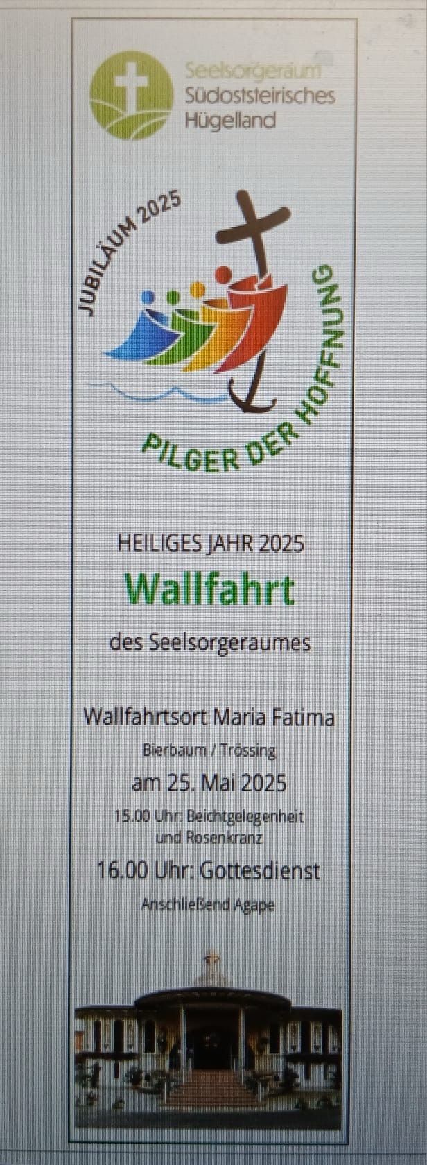 Plakat für die Pilgerfahrt zum Heiligen Jahr 2025 nach Maria Fatima. Die Pilgerreise beginnt um 15 Uhr in Bierbaum Trossingen am 25. Mai 2025.