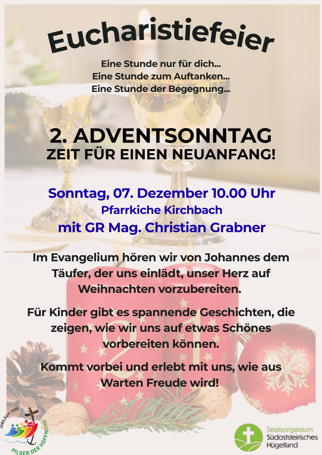 Das Bild zeigt eine Kirchendienstankündigung für den 2. Adventssonntag mit dem Fokus auf einen Neuanfang. Es hebt das Evangelium von Johannes dem Täufer hervor, das Herzen auf Weihnachten vorbereitet. Es enthält auch fesselnde Geschichten für Kinder.