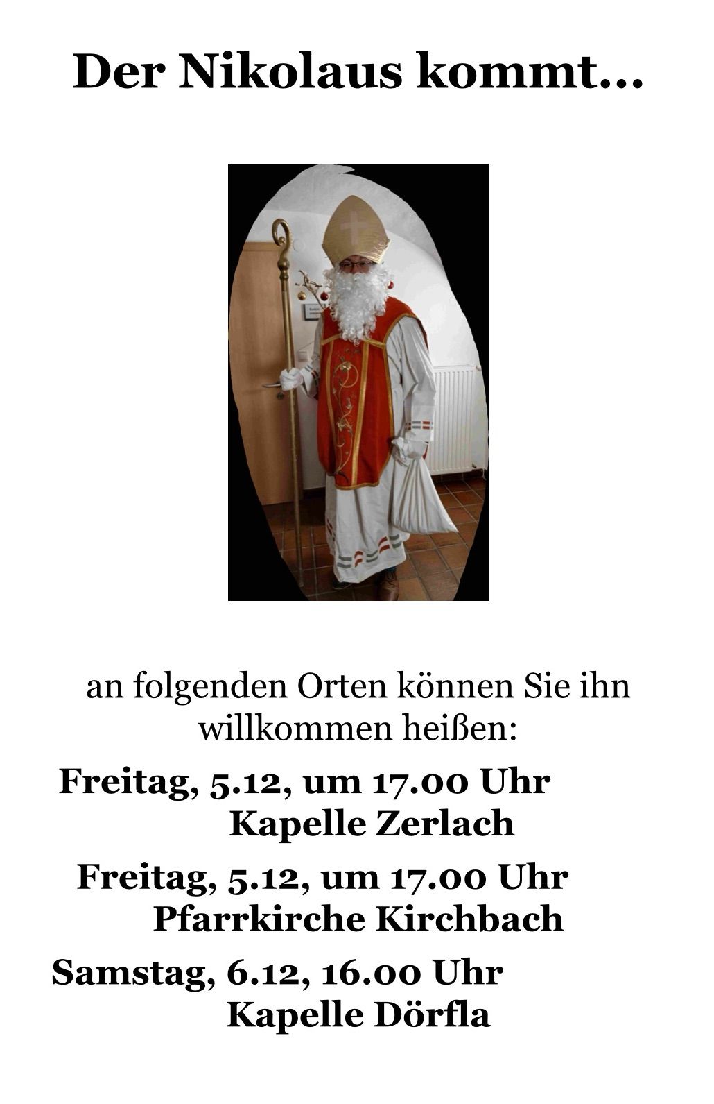 Bild eines Mannes in weißer Robe und Mitra, mit einem Stab. Er steht in einem Raum mit einer Holztür und einem Heizkörper. Der Text erwähnt eine Veranstaltung am Freitag, 5. Dezember, um 17:00 Uhr.