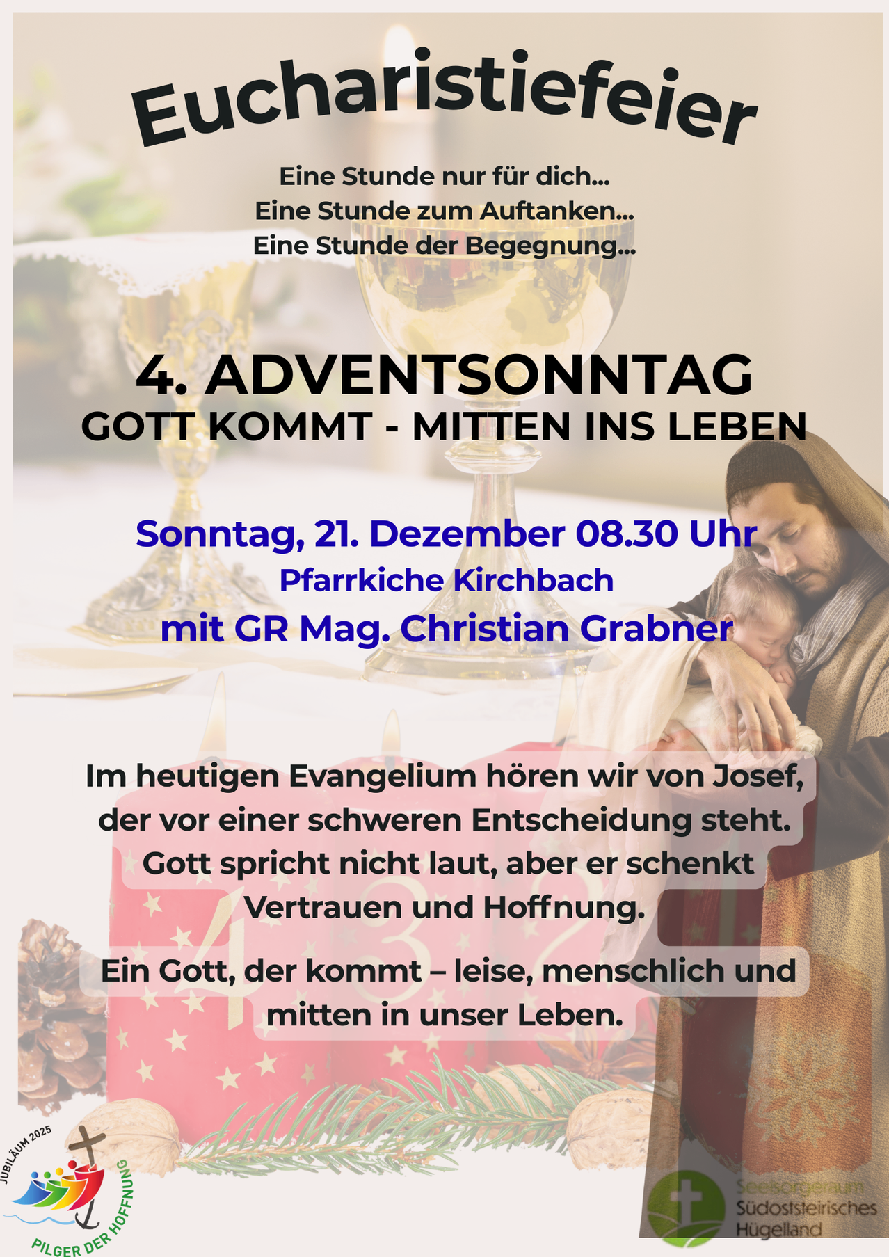 Ein Bild für den 4. Adventssonntag, das einen Mann zeigt, der ein Baby tröstet, mit Text über Gott, der mitten in unser Leben kommt.
