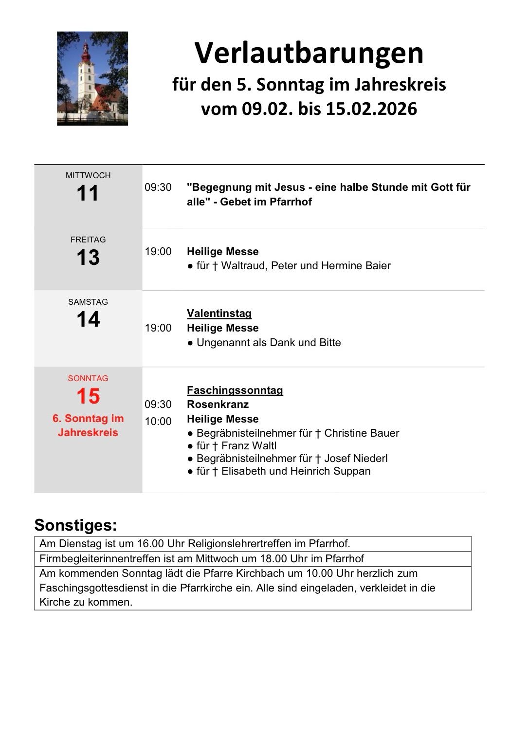 Wöchentlicher Zeitplan für Kirchenveranstaltungen, einschließlich Treffen, Messen und besonderer Gottesdienste. Zeiten und Namen der Teilnehmer werden angegeben. Religiöse Lehrertreffen und andere Versammlungen werden ebenfalls erwähnt.