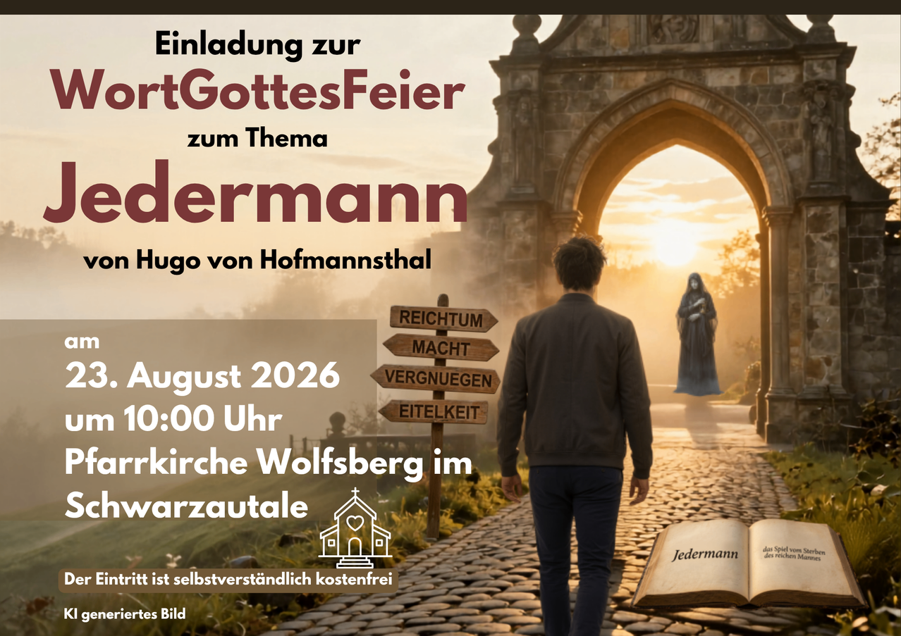 Eine Einladung zur Gottesfeier zum Thema 'Der Mann' von Hugo von Hofmannsthal. Das Ereignis ist für August 2026 um 10:00 Uhr in der Wolfsberg Kirche in Warzautale geplant. Es ist kostenlos.