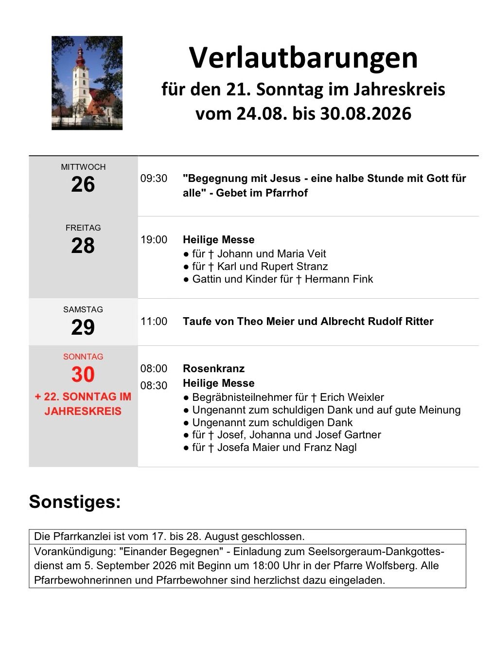 Ein Zeitplan für Gottesdienste vom 24. August bis 30. August 2026, einschließlich Taufen und Messen, die verschiedenen Heiligen gewidmet sind.