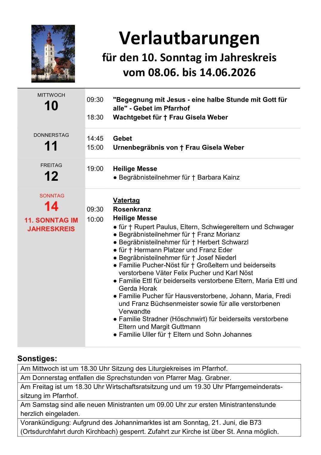 Ein Zeitplan vom 08.06. bis 14.06.2026 listet verschiedene religiöse Veranstaltungen auf. Beinhaltet Treffen, Gebete, Messen und Beerdigungsfeiern für Verstorbene, mit genauen Zeiten und Teilnehmern.