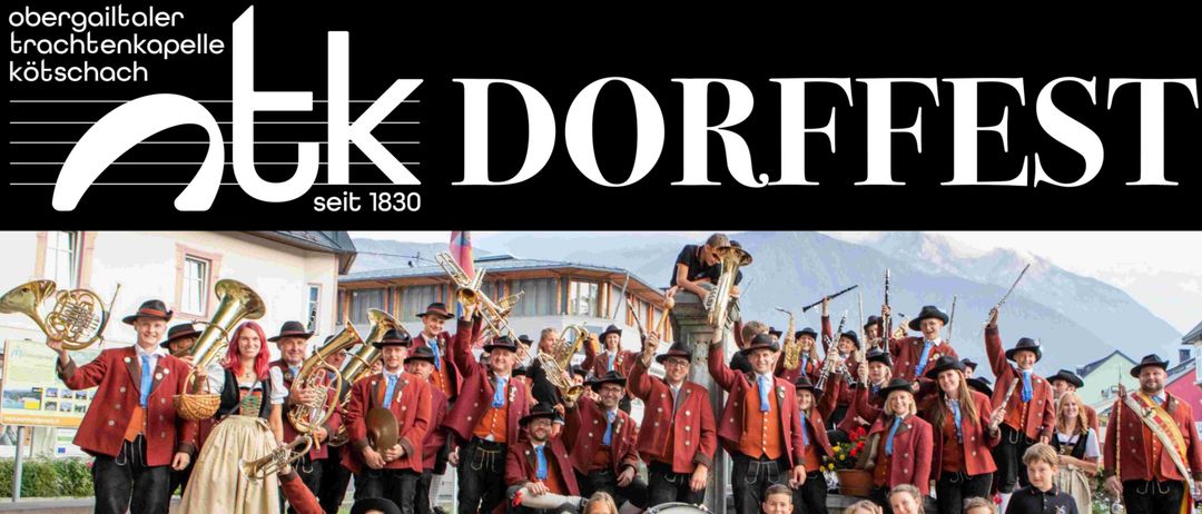 Werbeplakat für das Dorrfest-Event in Kötschach, Österreich. Zeigt eine Musikkapelle und Kinder in traditionellen Kostümen. Datum ist Freitag, 26. Juni 2026, Beginn um 18:00 Uhr.