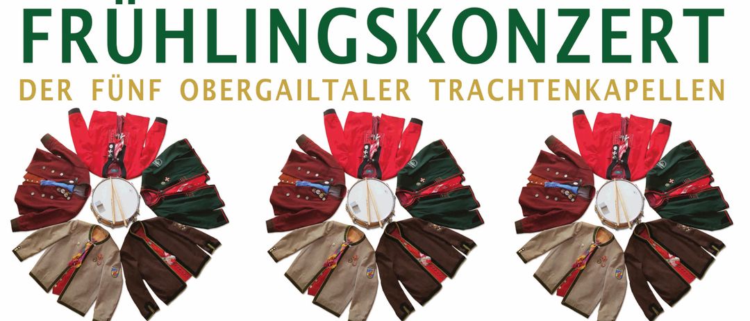 Das Bild zeigt drei Kränze aus traditioneller Kleidung und Trommeln. Jeder Kranz hat eine zentrale Trommel, umgeben von roten und grünen Gewändern. Der Text darüber lautet 'Der Fünf Obergailtaler Trachtenkapellen.'