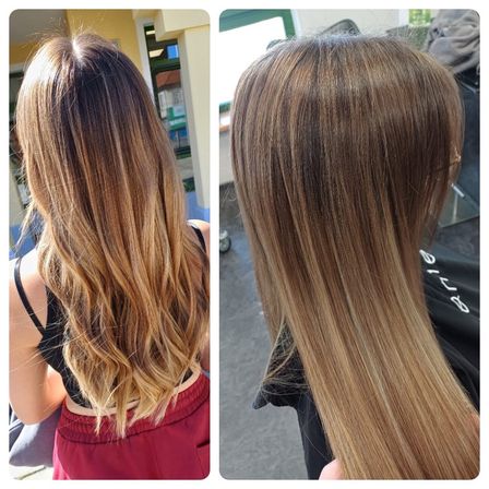 Zwei Bilder einer Frau mit langen, blonden Haaren, die in einer losen Welle gestylt sind. Das erste Bild zeigt sie von hinten, wobei Licht und Schatten die Textur des Haares hervorheben. Das zweite Bild zeigt dieselbe Frau von hinten, mit stärker ausgebreitetem Haar und einem anderen Styling.