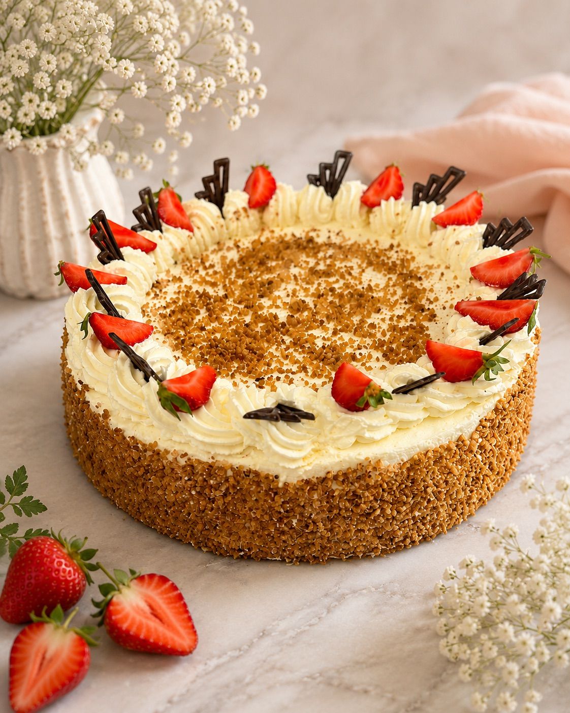A round cake with a brown crust, white cream, and red strawberries on top. It is decorated with chocolate and has a white vase with flowers in the background.