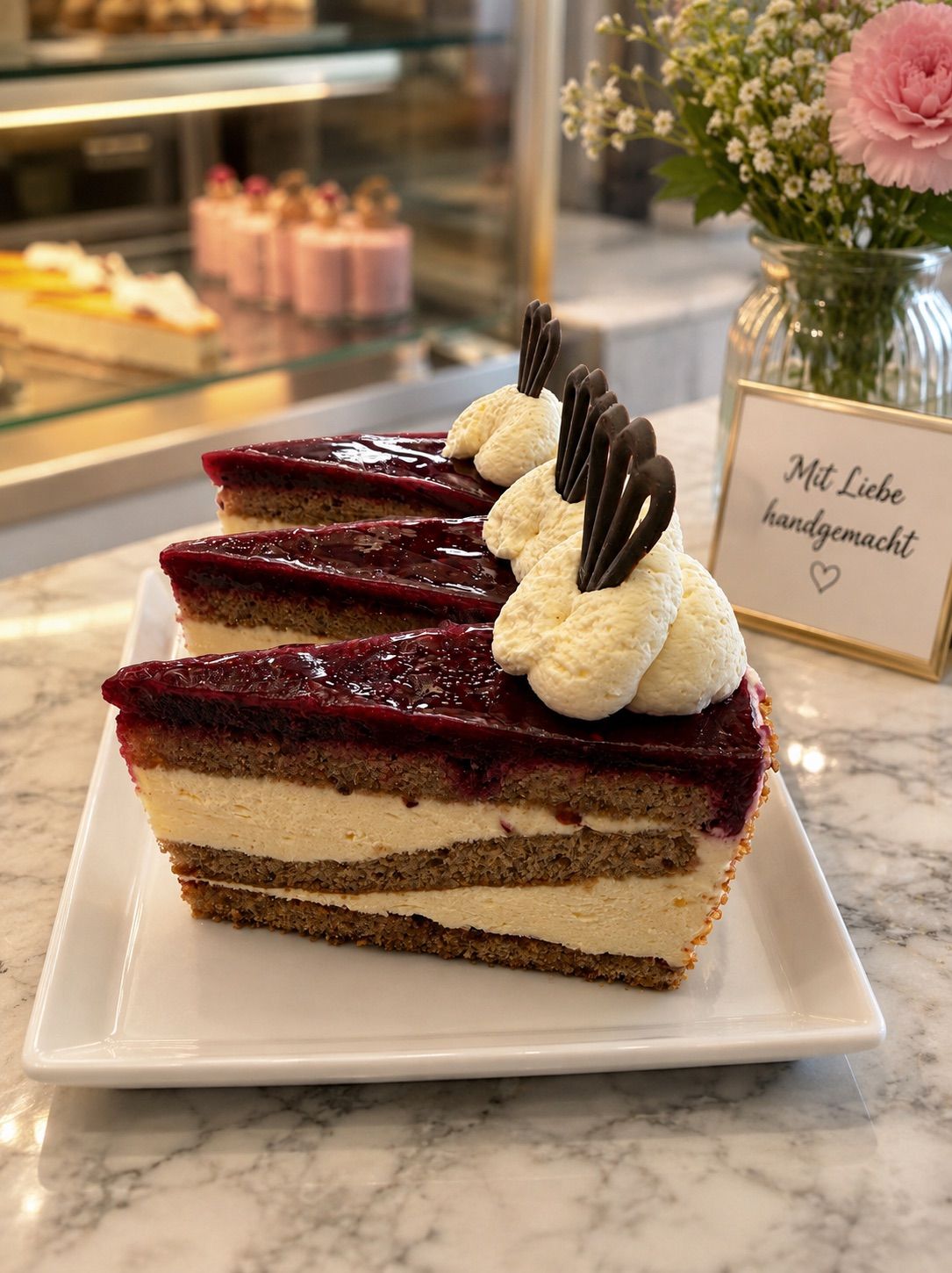 Ein Stück Schichtkuchen mit roter Beerenglasur, Sahne und Schokoladenspiralen auf einem weißen Teller in einer Bäckerei.