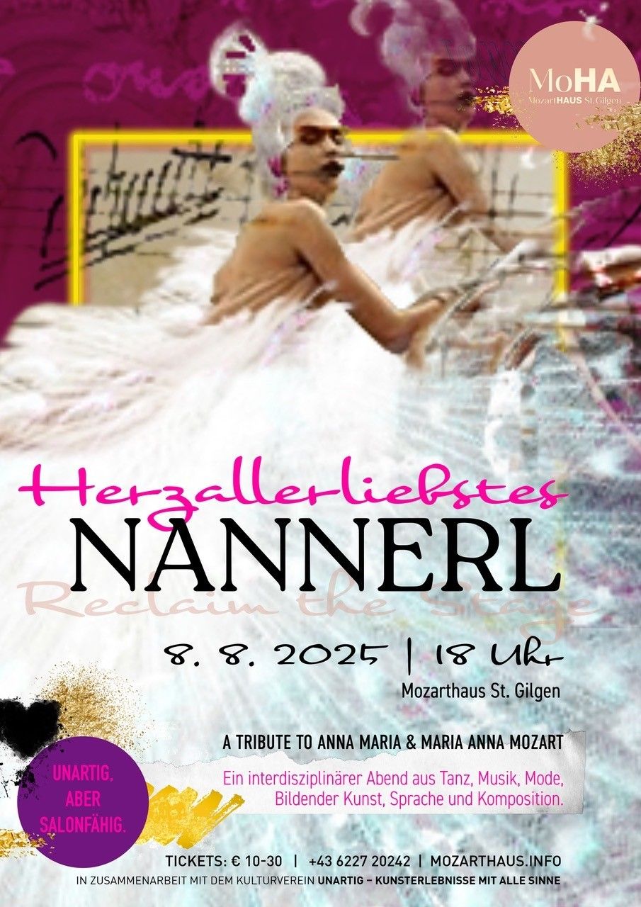 Plakat für Nannerl Reclaim the Stage, ein Tribut an Anna Maria und Maria Anna Mozart, im Mozarthaus St. Gilgen am 8. August 2025 um 18:00. Eine Frau in einem weißen Kleid posiert dramatisch.