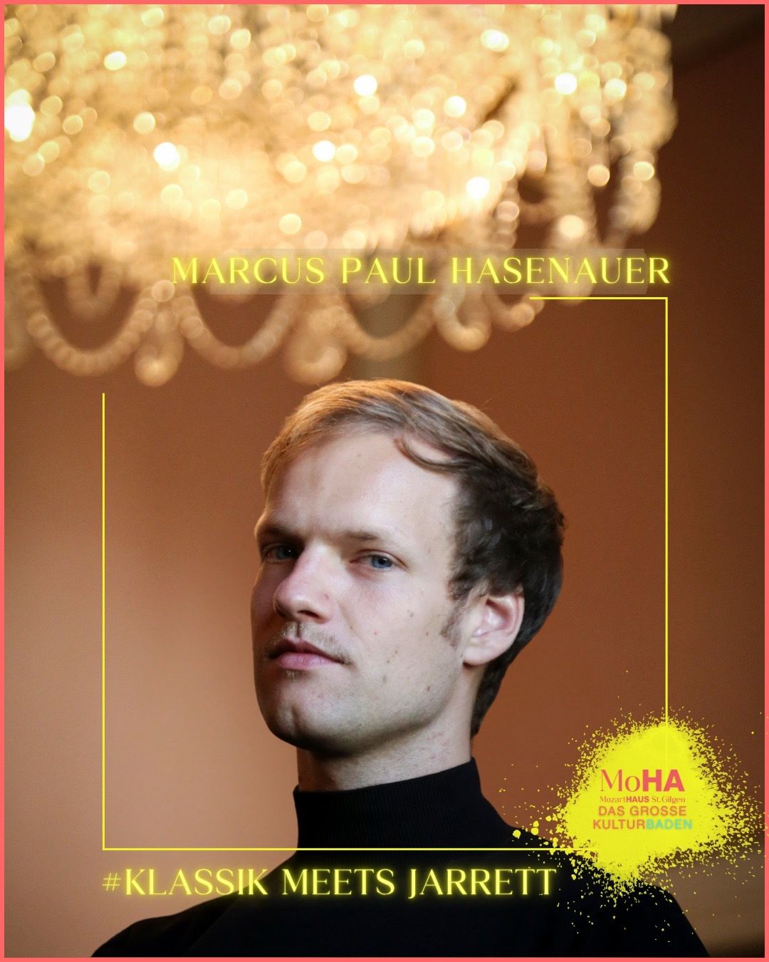 Ein Porträt von Marcus Paul Hasenauer ist vor einem beigefarbenen Hintergrund zu sehen. Ein gelber quadratischer Rahmen umgibt das Bild, mit Text darüber und darunter.