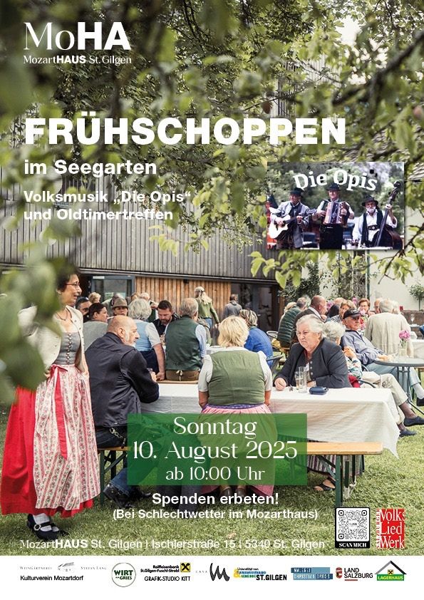 Plakat für eine Veranstaltung im Mozarthaus St. Gilgen, das ein Gartentreffen mit Menschen zeigt, die Musik und Essen genießen, geplant für den 10. August 2025.
