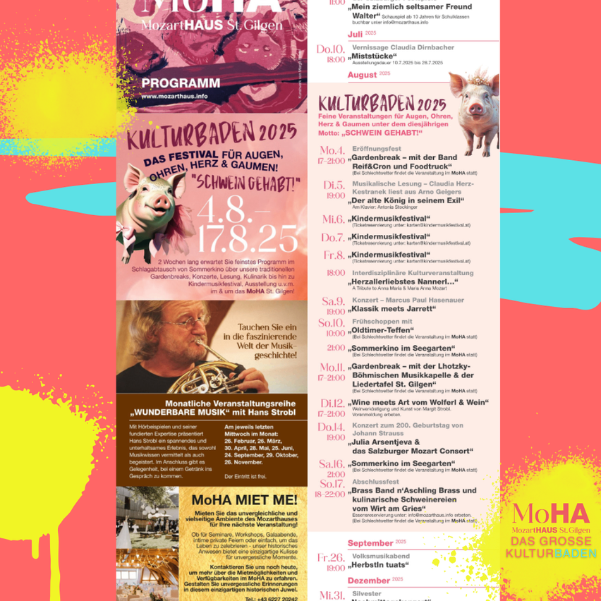 Poster für das Festival 2025 im Mozarthaus St. Gilgen, mit einem Schweine-Maskottchen, Veranstaltungsdaten und einer Liste musikalischer Events.