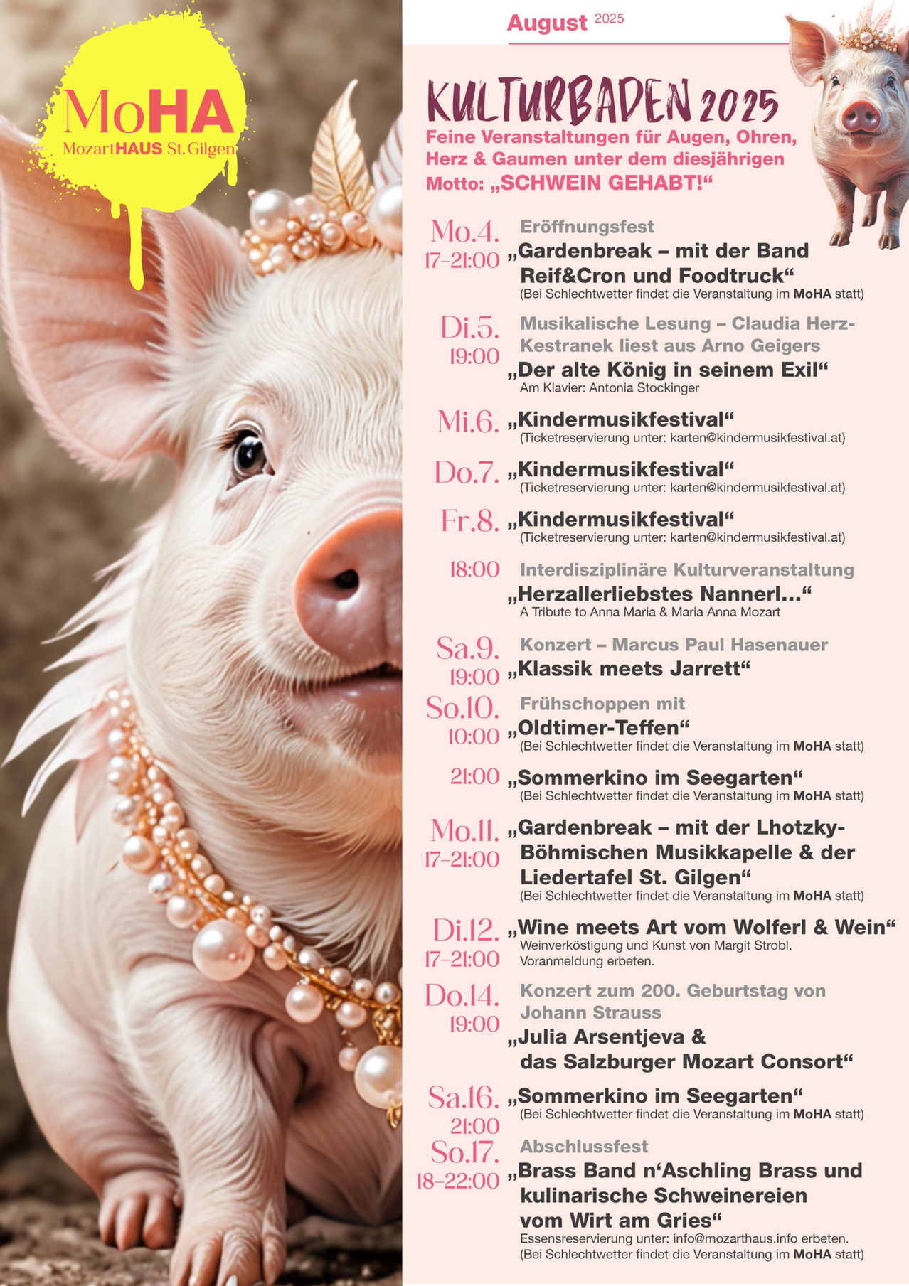 Ein Schwein mit Perlenschmuck ist abgebildet. Rechts steht ein Zeitplan für Veranstaltungen mit Zeiten und Daten. Die Veranstaltungen umfassen Musik, Weinverkostung und andere Aktivitäten.
