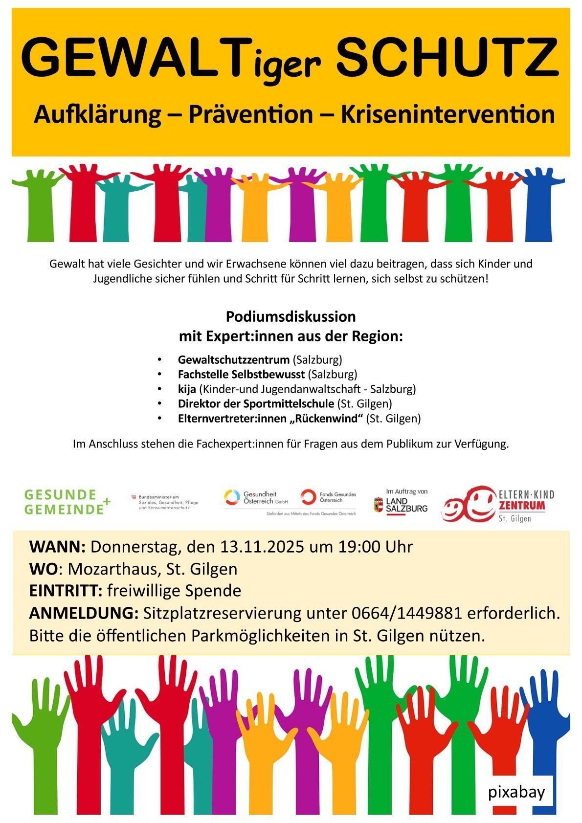 Ein Veranstaltungsposter für eine Podiumsdiskussion zur Gewaltprävention mit Experten. Es nennt den Termin als Donnerstag, 13. November 2025, um 19:00 Uhr. Der Veranstaltungsort ist Mozarthaus in St. Gilgen. Eine Anmeldung ist erforderlich.