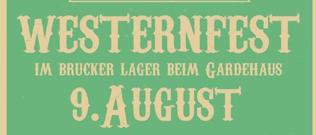 Plakat für ein Westernfest im Jahr 2025. Zeigt einen Kuhschädel mit Federn auf grünem Hintergrund. Datum ist der 9. August.