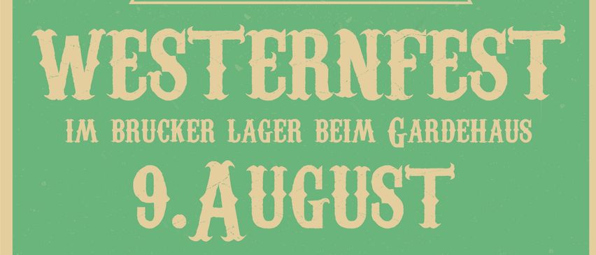 Plakat für ein Westernfest im Jahr 2025. Zeigt einen Kuhschädel mit Federn auf grünem Hintergrund. Datum ist der 9. August.