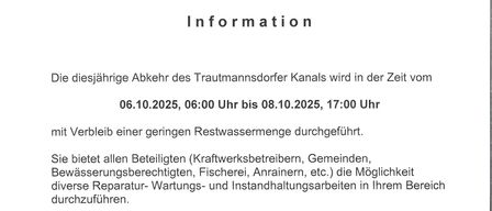 Amtliche Urkunde vom 11.08.2025, Bruckneudorf, kündigt die jährliche Reinigung des Trautmannsdorfer Kanals vom 06.10.2025, 06:00 Uhr bis 08.10.2025, 17:00 Uhr an, wobei ein geringer Wasserrückstand verbleibt. Sie lädt alle Beteiligten ein, Reparatur-, Wartungs- und Instandhaltungsarbeiten in ihrem Bereich durchzuführen. Unterzeichnet vom Bürgermeister von Bruckneudorf.