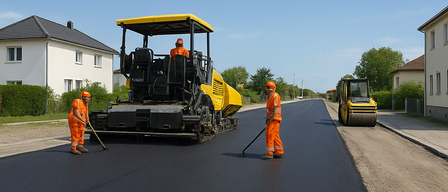 Drei Arbeiter in orangefarbenen Overalls verlegen Asphalt auf einer Straße mit Werkzeugen und schweren Maschinen. Ein Haus und Bäume sind im Hintergrund zu sehen.