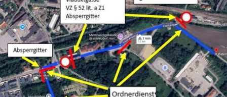 Karte, die Sperre Theißstraße, Sperre Viaduktgasse und andere nahegelegene Straßen mit Wegbeschreibungen und Entfernungsanzeigen zeigt.