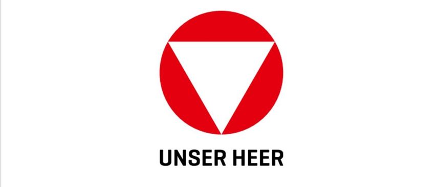 Ein Logo mit einem roten Kreis, in dem ein weißer Dreieck ist, der Text 'UNSER HEER' steht darunter in fetter schwarzer Schrift auf weißem Hintergrund.